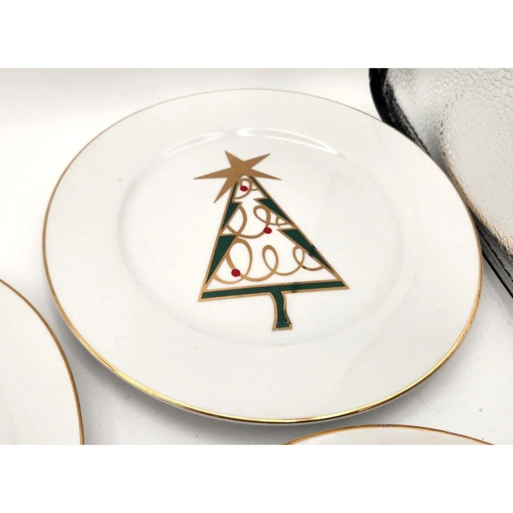 Pier 1 Imports Dessert Plates Christmas Tree Set 6 Red Green Gold Discontinued